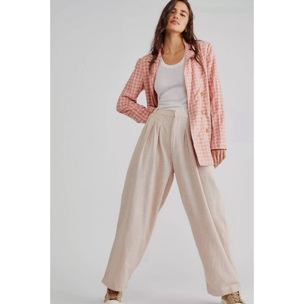 Free People Lotta Love Linen Trousers Hi-Rise Wide-Leg Pleated Pebble Pants 4